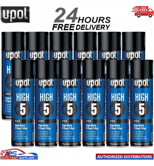 12x UPOL HIGH BUILD HIGH #5 PRIMER 450ML AEROSOL U-POL - BLACK